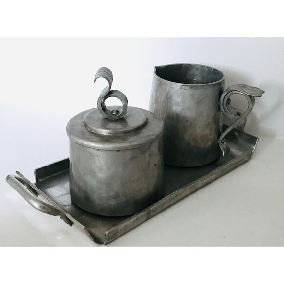1940s Buenilum Hammered Aluminum Cream & Sugar Set & Serving Tray BW Metalwork - Picture 3 of 13